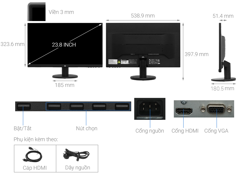 Màn Hình HP V24i (23.8inch/FHD/IPS/60Hz/5ms/250nits/HDMI+VGA)